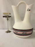 Double spout Native American pottery wedding vase with hand painted design - unsigned