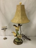 Vintage porcelain bird lamp - 2 birds nestled beneath a gray shade - tested and working fine