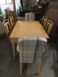 Modern light colored dining room table with 6 chairs, comes with 2 leaves - see pics & desc as is
