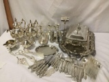 78 pc silver plate lot incl. candlesticks, teapots, silverware, cream and sugar, etc