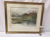 Hand signed Luigi Kashmir print of waterside chateau presented in wood frame