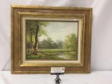 Contemporary original oil painting of forest scene signed by artist K Richard in wooden frame