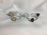Collection of 5 sterling silver rings with stones incl. Amethyst, Citrine, & more - sizes 9 & 7
