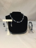Fine blue, gray, and silver Akoya pearl bead necklace, bracelet, and earring set