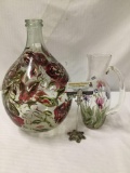 Italian hand painted signed blown glass vase & smaller hand painted floral vase