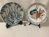 2 large Chinese platters depicting elders and bamboo & 1 w/ floral design & geometric border