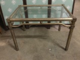 Vintage art deco glass coffee table with shapely metal frame - glass cracked on one corner of the