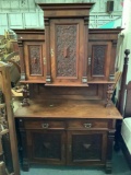Antique German wood carved hutch sideboard buffet with 2 drawers and 5 cabinets