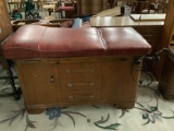 Antique Hamilton doctors office exam table w/ 1 stirrup, plus antique wood trash bin