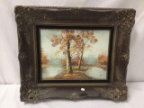 Original oil painting in serene woodland/lake scene in high quality ornate frame - signed James (?)