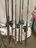 Collection of 7 vintage fishing poles & 5 vintage reels incl. Eagle Claw, Chesapeake, and more see