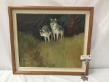 Original acrylic painting of two wolves by Laura Woolschlager signed by the artist - wood frame