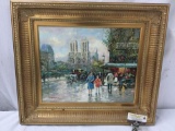 Original impressionist oil painting depicting a street scene of Paris, Notre Dame signed Clausen