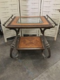 Modern 2 tier end table with glass top, iron handles and study legs