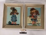 Lot of 2 framed original canvas paintings of cartoonish little girls signed by artist Jeff