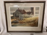 Large framed original watercolor painting of a house by the sea with crab pots signed FB Nelson 1975