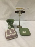 3 vintage Wedgwood jasperware pieces in olive and off-pink - vase, dish and lidded dresser box