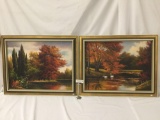 Pair of original unsigned oil paintings depicting placid lake scenes in fall - artist unknown