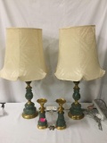2 large vintage stone and brass Asian table lamps with smaller matching candle holders