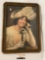 Antique framed reproduction print portrait of woman on telephone, approximately 17 x 23 inches