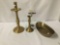 Collection of 3 brass pieces. 2 candlesticks and one dish. One candlestick is by Frederick cooper.