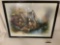 Framed print of cottage with flowers and swans in pond by Andres (?) approx 29.5 x 24 inches