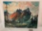 Original mountain scene oil painting on board signed by unknown artist, approximately 28 x 22 inches