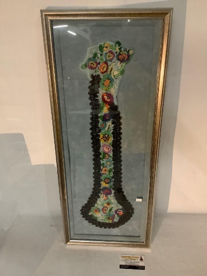 Framed beaded knit art piece by unknown artist, flower design, approx 13x32 inches.