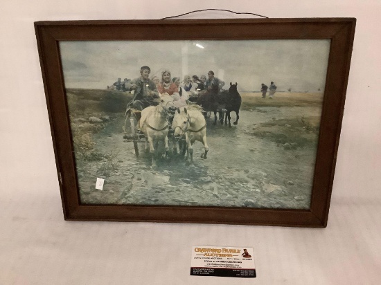 Antique framed print of horse carriage riders Crossing Creek, approximately 16.5 x 12.5 inches