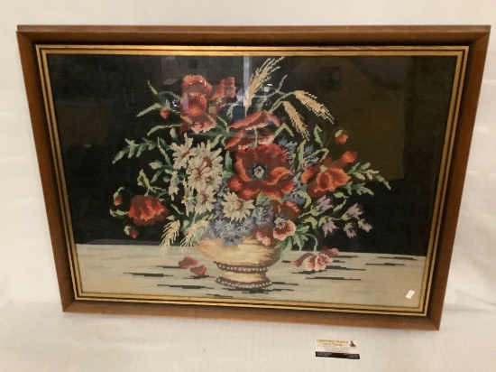 Large framed crochet art of flower vase, approx 34x25 inches.