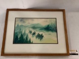 Framed original watercolor painting of canoe party by Sally Snipes (1982), approx 25x20 inches