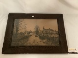 Antique print of a village street w/ ducks crossing in wood frame, artist unknown, approximately 26