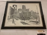 Framed print hand signed by artist Don Morrow ? the old and the new ? Seattle Washington 1977 approx