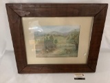 Original framed farm and horse drawing by Emily H Beall 1980 approximately 26x22 inches.