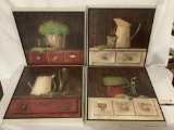 Lot of 4 Arnie Fisk still life home decor framed prints, approx 19x19 inches. Made in Canada.