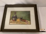 Framed original watercolor still life painting of wine meat and cheese by John Corson, approx 23x19