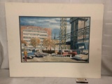 Unframed original watercolor construction site painting signed by artist John Corson approx 29x23