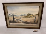 Framed original watercolor painting of barn with mountains in the background by M.W. Turner, 25x18