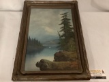 Antique original mountain scene nature painting on board by unknown artist, approximately 16 x 23