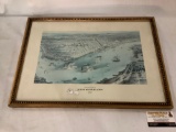 Vintage framed print birds eye view of New Orleans 1851 approximately 22 x 16 inches