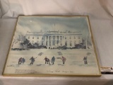 Vintage 1981 framed poster print of the White House President Jimmy Carter , approx 24x20 inches