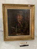 Vintage framed portrait of old man smoking a pipe approximately 13 x 15 inches.