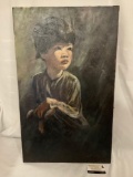 Unframed canvas portrait of a young child signed by artist Munn, approx 18x30 inches
