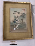 Vintage framed Asian print of women in garden, approx 15x21 inches