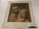 Unframed original portrait drawing signed by artist PXM, 1968, Approx 16x19 inches.