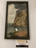 Vintage framed tinted photographs of rocky coastline proximately 7 x 13 inches