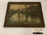 Antique print affixed to wood frame by Fritz Thaulow, approximately 15 x 12 inches