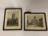 Lot of 2 vintage framed architecture prints, signed by artists; Edinburgh - Norte Dam Cathedral