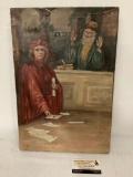 Vintage original canvas painting of scholars by unknown artist, approximately 12 x 18 inches Tear