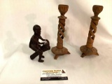 Antique carved wood African figure of man with drum + pair of antique spiral candlesticks